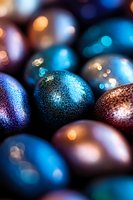 Shimmering metallic Christmas ornaments in deep blue and copper tones with glitter texture and bokeh effects create festive holiday mood. Macro photography.