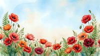 Watercolor poppy flowers and ferns border frame with soft blue sky background. Floral botanical illustration for spring summer designs and decorations.