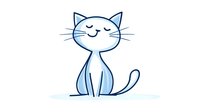 Cute blue cartoon cat with closed eyes and happy expression sitting on white background, perfect for children's illustrations and greeting cards.