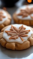 Gourmet cookies with white icing and decorative brown star-shaped toppings on neutral background for bakery marketing and food photography projects.