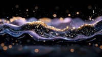 Abstract cosmic wave with golden glitter and purple nebula effect on black background, flowing magical sparkles creating ethereal motion pattern.