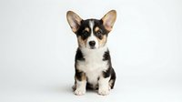 Adorable tricolor Corgi puppy sitting on white background, cute dog with perked ears and fluffy coat isolated for pet care and animal lover designs.