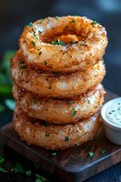 Crispy golden onion rings stacked on wooden board, garnished with fresh parsley and served with creamy dip sauce, close-up shot on dark background.