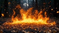 Dramatic fire explosion with burning flames and sparks spreading across dark ground surface, creating intense heat effect with glowing embers in night atmosphere.