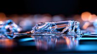 Macro photography of melting ice crystal formation on reflective surface with orange bokeh lights creating dramatic contrast in blue tones and reflections.