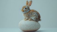 Adorable brown bunny sitting on large white speckled egg against soft blue background, creating whimsical Easter composition for seasonal greeting cards and holiday designs.