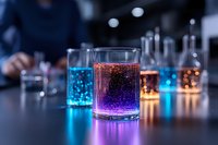 Glowing cocktails with luminescent liquids in glasses creating magical atmosphere at bar counter. Vibrant neon drinks showcase modern mixology.