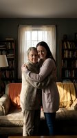 Elderly Caucasian grandmother and young Hispanic woman embracing warmly in cozy living room with bookshelves, expressing intergenerational love and family bonds.