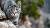 Curious gray tabby cat with bright green eyes peering over rocky ledge against blurred natural background, perfect for pet care or animal companionship themes.