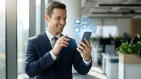 Happy businessman using smartphone with social media icons floating above device in modern office environment for digital marketing campaigns.