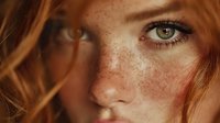 Close-up portrait of young Caucasian woman with freckles and green eyes. Natural beauty concept with warm lighting and red hair for skincare campaigns.