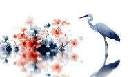 Elegant blue heron standing near blooming cherry blossoms in watercolor style, featuring soft coral pink flowers and navy blue foliage with reflection on white background.