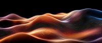 Abstract flowing waves with smooth gradient colors of orange, pink, and blue against black background, creating dynamic digital landscape.