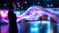 Woman silhouette against glowing neon wave effect, purple and blue light trails creating magical atmosphere with bokeh background. For creative digital art projects.