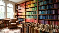 Cozy home library with rainbow colored books organized by hue on floor-to-ceiling shelves, leather armchair and natural window light for reading sanctuary.