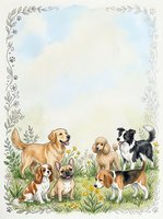 Watercolor dog breeds frame with golden retriever, border collie, beagle, pug and cavalier king charles spaniel in floral border for pet greeting cards.