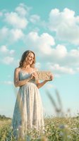 Young woman with long brunette hair holding wooden YES letters in blooming field under turquoise sky with white clouds, expressing positivity and affirmation for lifestyle and motivational content.