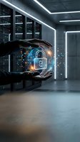Hands holding digital padlock with glowing security icons in modern server room with neon lighting and data center equipment.