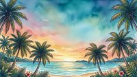 Watercolor tropical beach scene with palm trees framing a vibrant sunset sky over calm ocean waters, perfect for travel and summer designs.