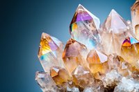 Natural citrine quartz crystal cluster with rainbow reflections and golden hues on gradient background for healing and spiritual wellness concepts.