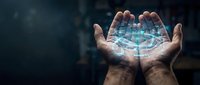 Hands holding digital holographic network interface with glowing blue data connections, representing technology innovation and digital transformation for business solutions.