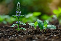 Young chia plant with purple flowers growing in fertile soil alongside fresh sprouts, macro nature photography perfect for healthy lifestyle and superfood concepts.