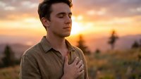 Young man with dark hair and light skin wearing a tan shirt, hand on chest, gazing thoughtfully at sunset over rural landscape with evergreen trees. Emotion, contemplation, nature connection.