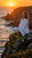Peaceful woman in white clothing meditating on rocky cliff during golden sunset over ocean waves, serene coastal wellness retreat atmosphere.