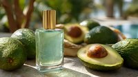 Luxurious avocado-inspired nail polish bottle surrounded by fresh avocados on sunny poolside setting, showcasing natural beauty product for cosmetic marketing.