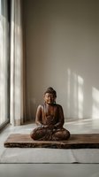 Wooden Buddha statue in meditation pose on mat near window with natural sunlight creating peaceful shadows for mindfulness and zen interior decor.