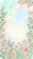 Soft watercolor floral border with pastel roses, ferns, birds, and greenery on a dreamy gradient background for cards and invitations.