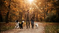 Young couple walking dogs in autumn park with golden sunlight filtering through colorful fall foliage creating warm romantic atmosphere for seasonal lifestyle.