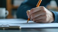Person writing with gold pen on paper document, close-up view of hand in blue sweater sleeve against blurred office background with coffee cup.