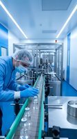 Pharmaceutical technician in protective gear working at sterile production line in modern cleanroom facility for medicine manufacturing and quality control.