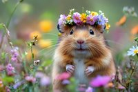Adorable hamster wearing floral crown in spring meadow setting, surrounded by colorful wildflowers and soft bokeh background, looking directly at camera with charming expression.