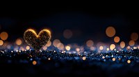 Glowing heart shape formed by golden sparkles against dark background with blurred bokeh lights creating romantic atmosphere for Valentine's designs.