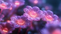 Glowing pink fantasy flowers with sparkles and dew drops against purple bokeh background, creating magical garden atmosphere for fairy tale designs.