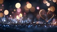 Glowing heart shape with sparkles against dark background with soft bokeh lights creating romantic atmosphere for Valentine's day designs and love themes.