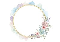 Round gold frame with watercolor pastel splashes and delicate floral arrangement featuring pink roses and greenery for wedding invitations and greeting cards.