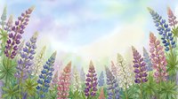 Watercolor lupine flowers in purple, pink and blue frame a soft pastel sky background, perfect for greeting cards and nature prints.