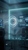 Futuristic holographic portal with glowing energy rings and data streams floating in a high-tech control room, evoking AI and quantum computing concepts.