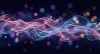 Abstract flowing energy waves with pink and blue light effects on dark background with glowing particles and bokeh for digital art and technology designs.