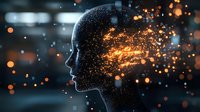 Glowing silhouette of head profile with sparkling particles and light effects against dark background, representing artificial intelligence and mind technology.