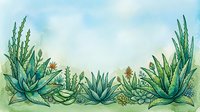 Watercolor succulents and aloe vera plants border with soft blue sky background, green botanical garden frame with copy space.