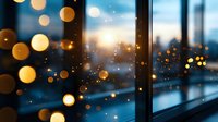 Glowing golden bokeh lights against blurred urban cityscape at dusk, creating dreamy atmospheric mood with reflective window surface and soft focus effect.