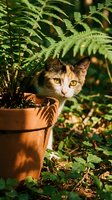 Curious calico cat with bright yellow eyes peeking behind a terracotta pot among lush green ferns in a sunlit garden.