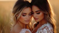 Two young women with blonde hair sharing intimate moment during golden hour sunset light creating warm romantic atmosphere for lifestyle photography.