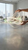 Hands holding glowing wireframe car model with holographic design in modern office space overlooking city skyline, representing automotive technology and innovation.