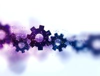 Mechanical gears with glowing particles on purple and blue gradient background create dynamic technological composition for business presentations.
