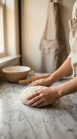 Woman baker kneading fresh dough on marble counter in rustic kitchen with flour dust and warm natural lighting for homemade bread making.